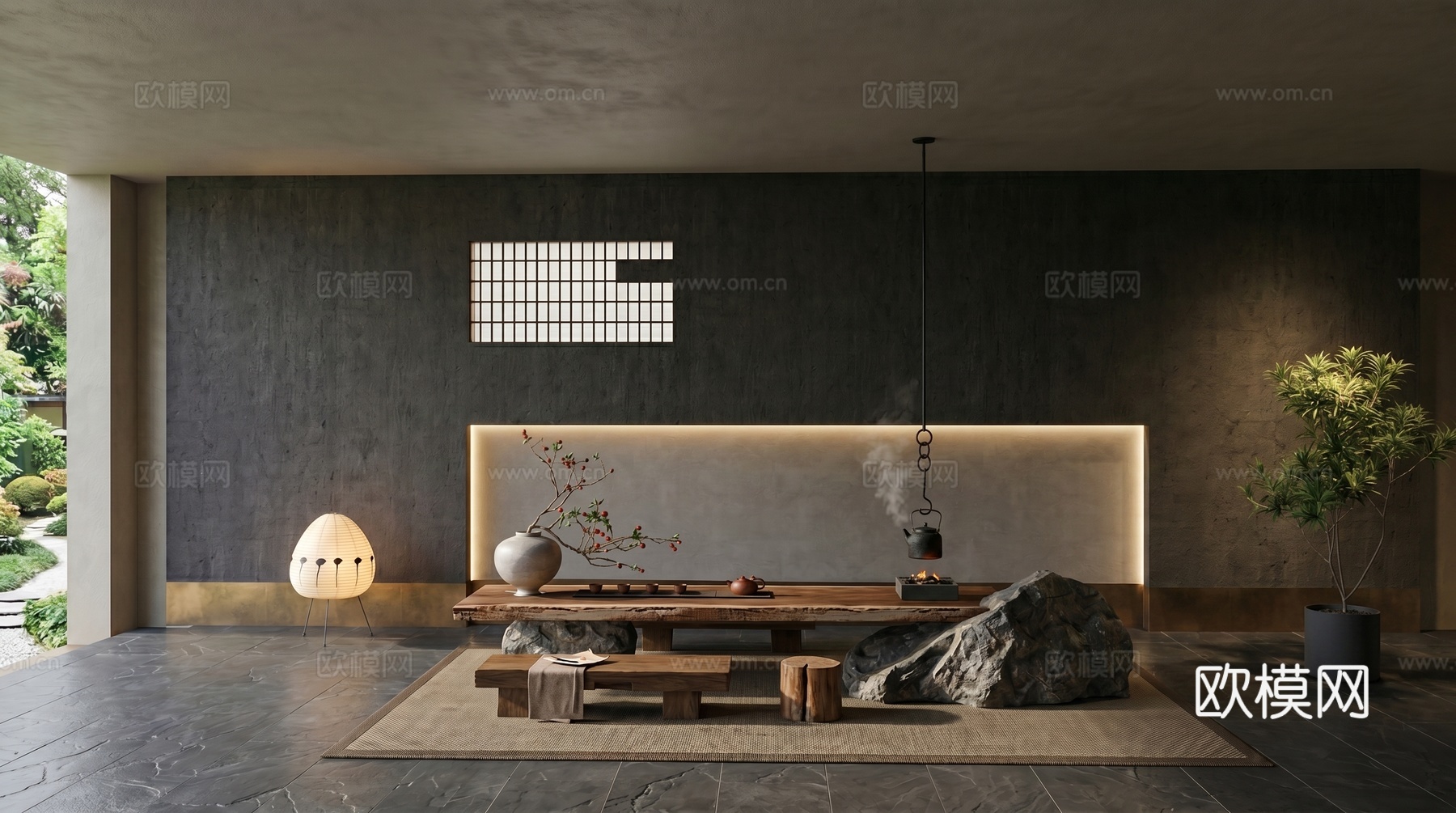 侘寂风茶室_茶台_茶桌椅_陶罐花艺_老板凳_木桩_茶具_毛石su模型