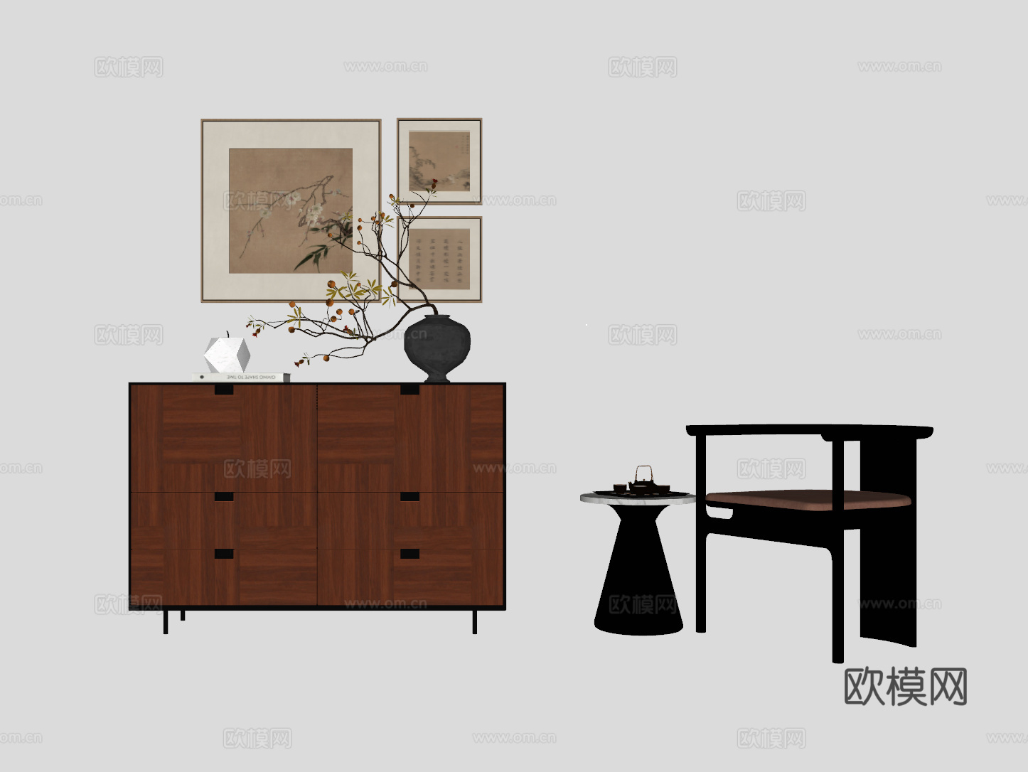 中古风装饰柜休闲单椅su模型