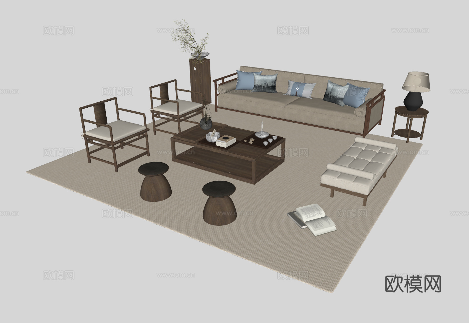 新中式客厅沙发组合su模型