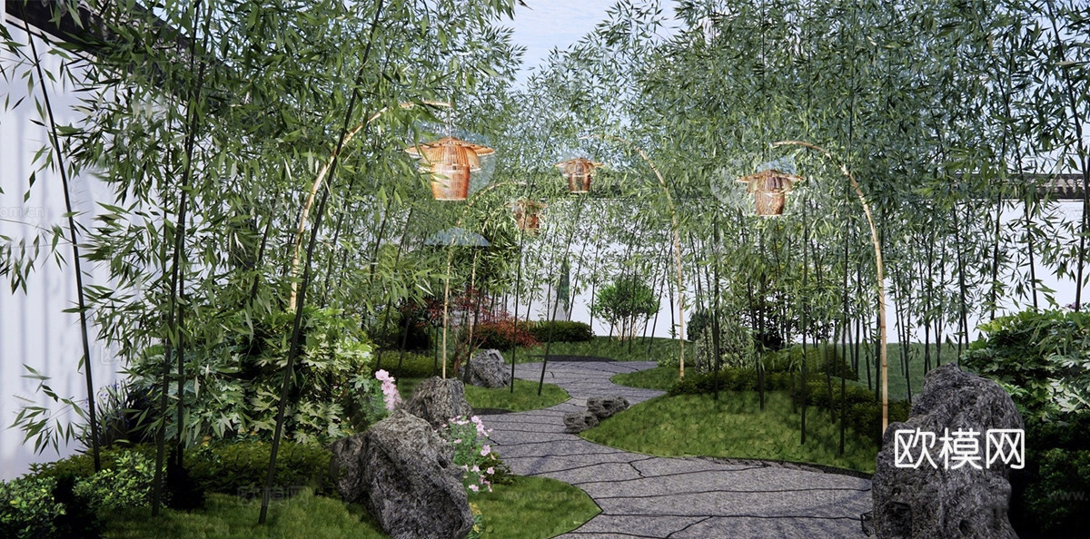 新中式住宅小区景观 竹林夹道 竹灯 宅间林下空间 中式园路su模型