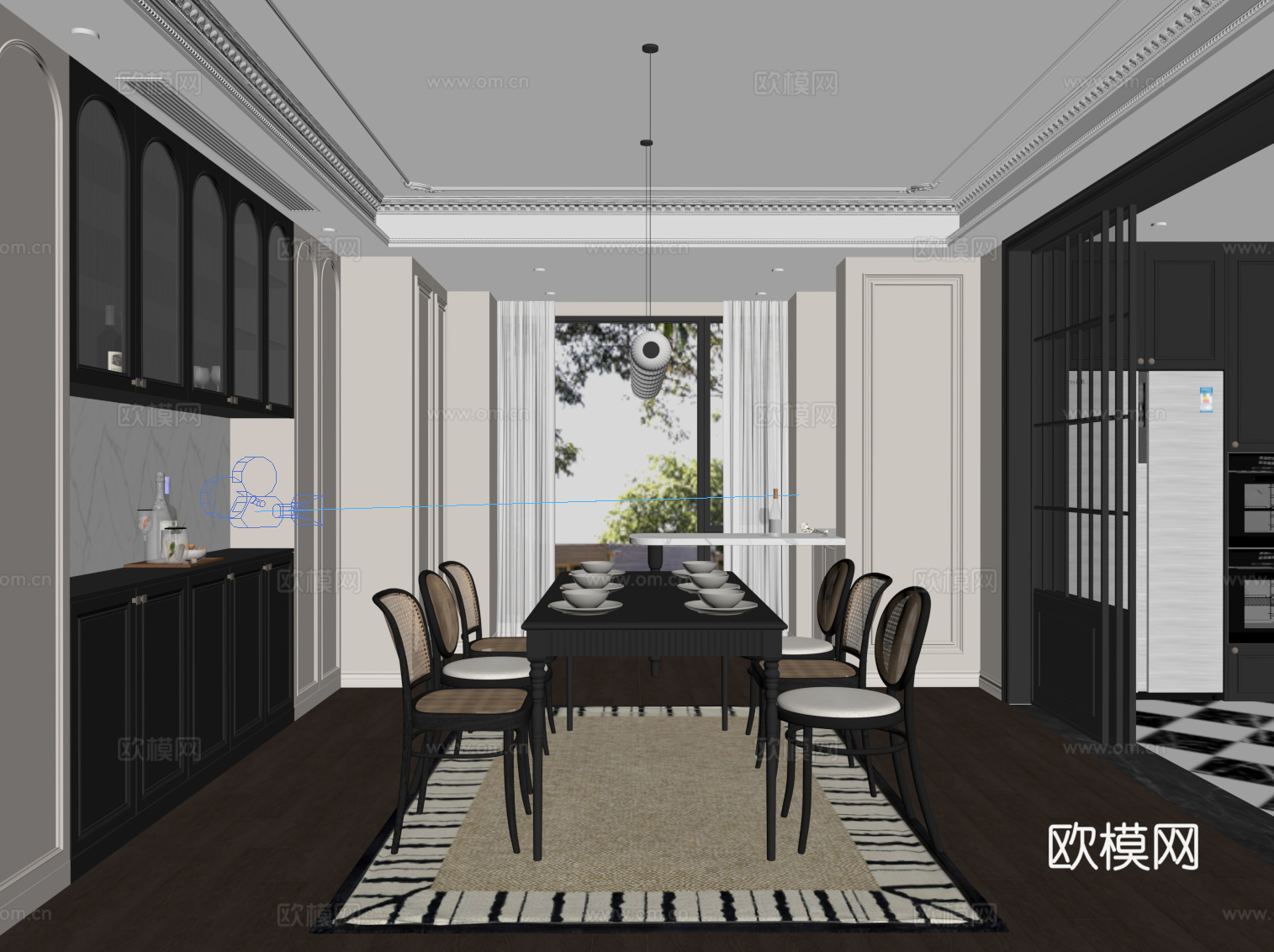 法式餐厅 餐桌椅 酒柜su模型