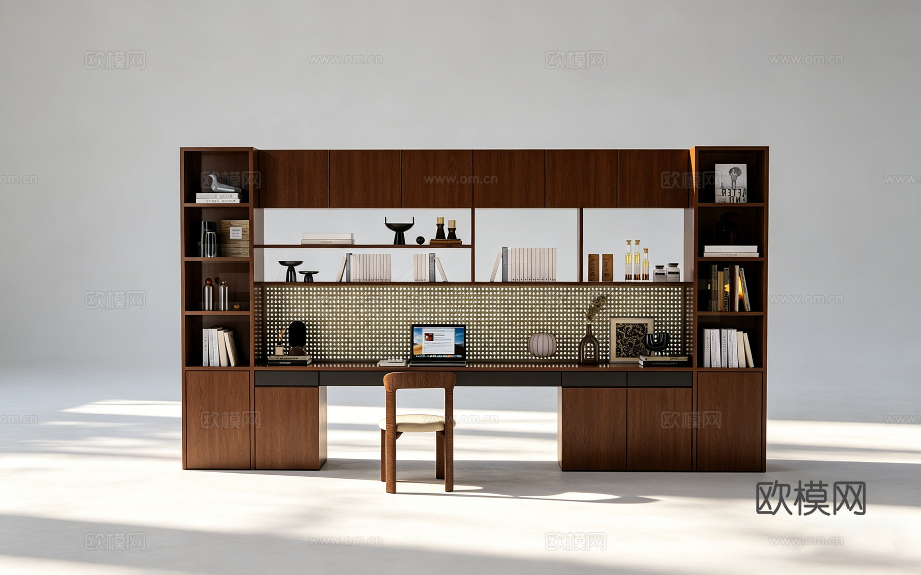 现代简约一体化书房组合 深棕色木质  书架储物柜 网格背板3d模型