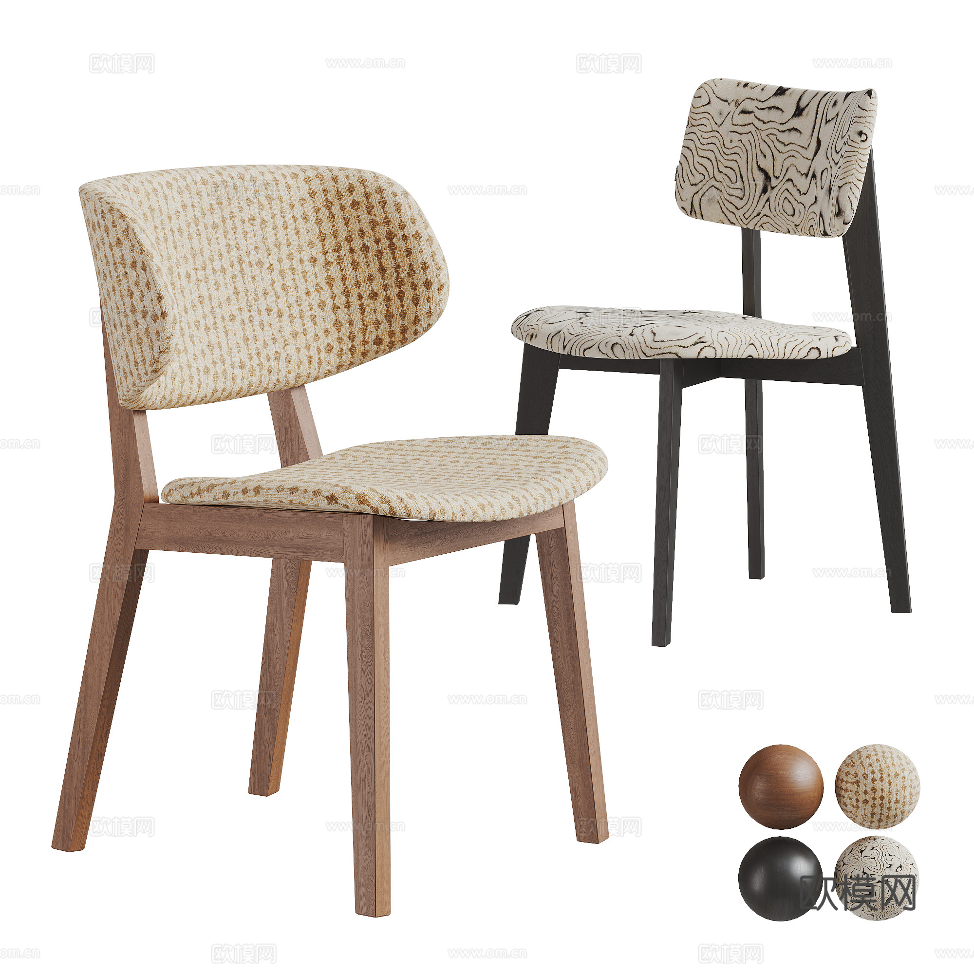 中古风单椅组合 餐椅 北欧单椅 休闲椅 书椅 软包靠背 实木su模型