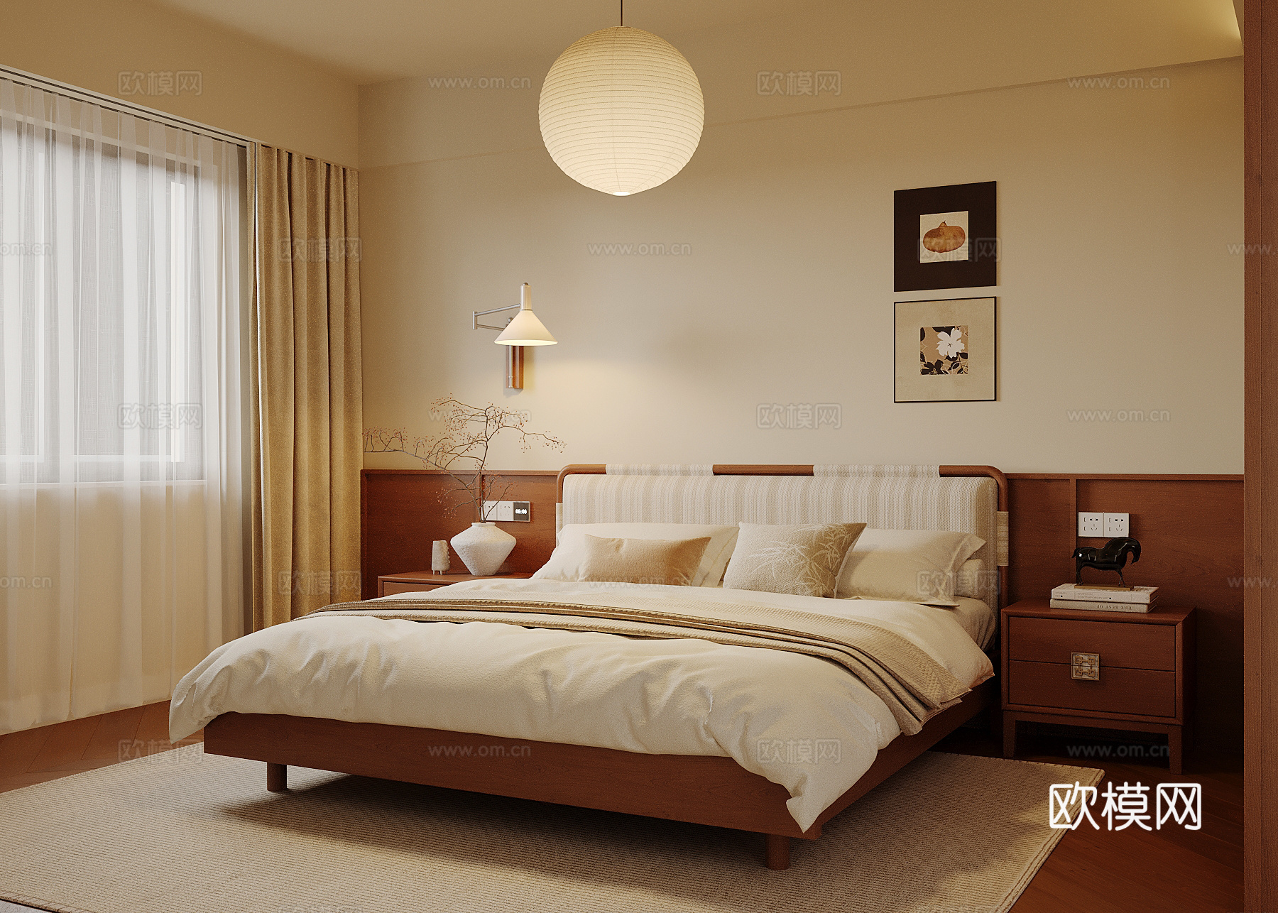 中古风卧室 双人床su模型