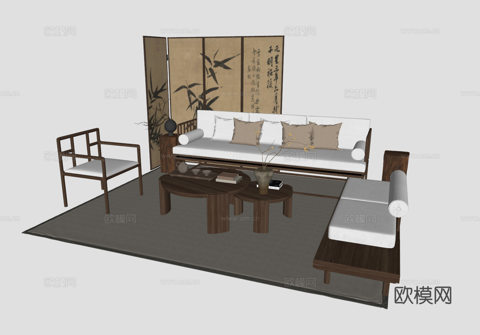 新中式客厅沙发组合su模型