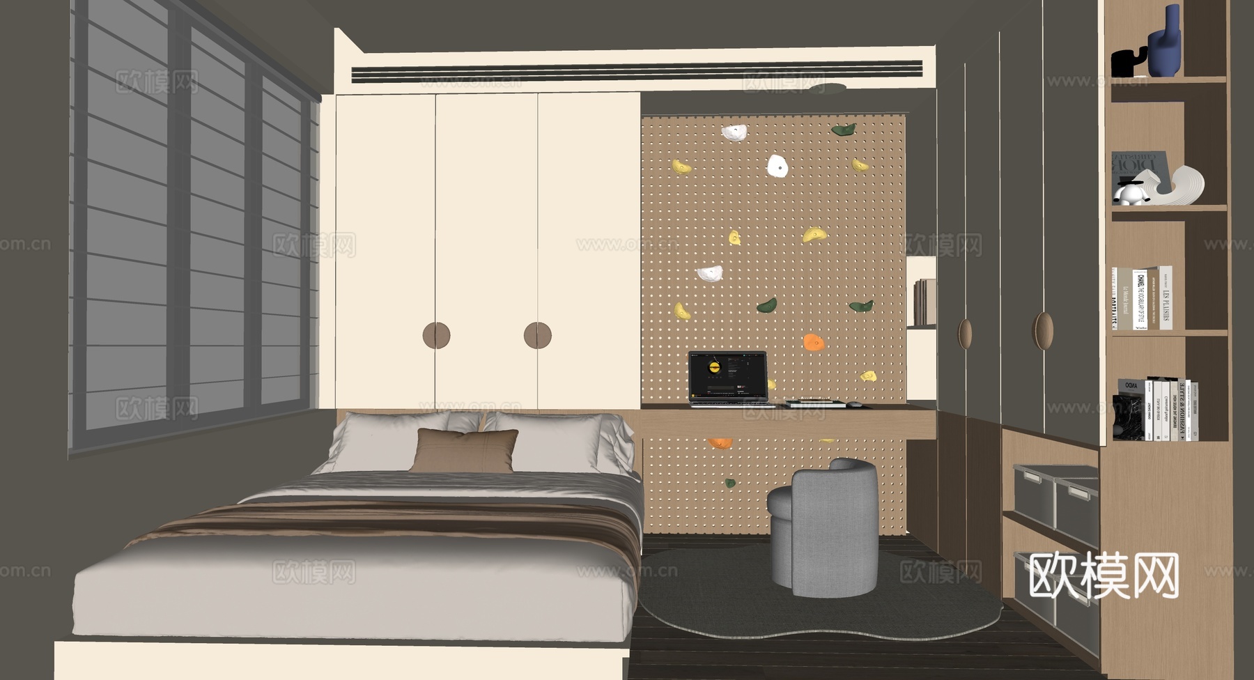 原木风榻榻米卧室su模型