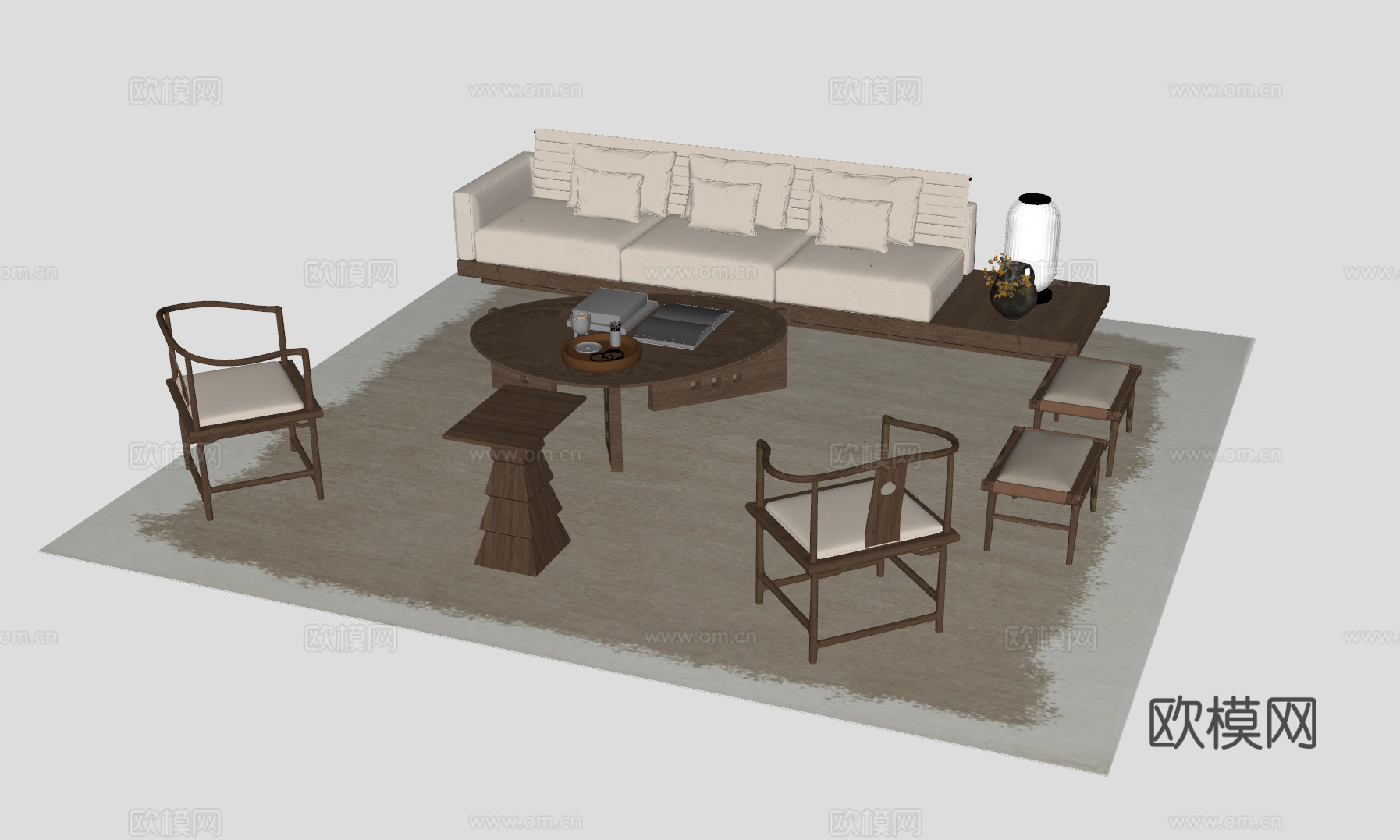 新中式客厅沙发组合su模型