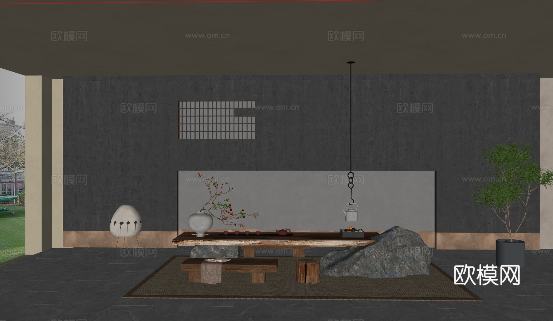 侘寂风茶室_茶台_茶桌椅_陶罐花艺_老板凳_木桩_茶具_毛石su模型
