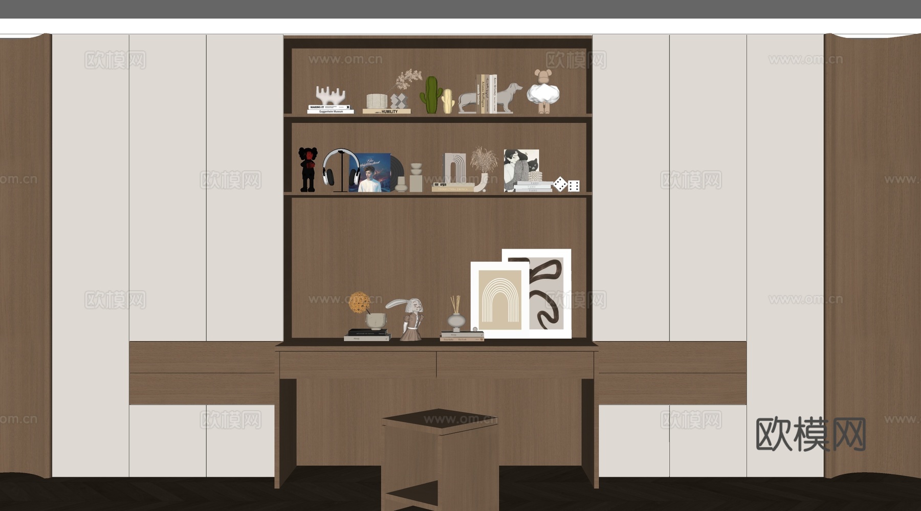 现代原木书房 书桌椅组合 储物柜书柜su模型