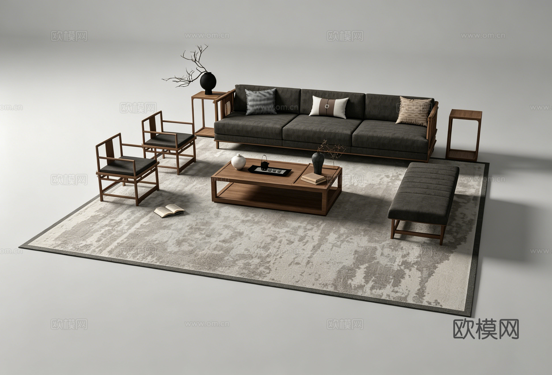 新中式客厅沙发组合su模型