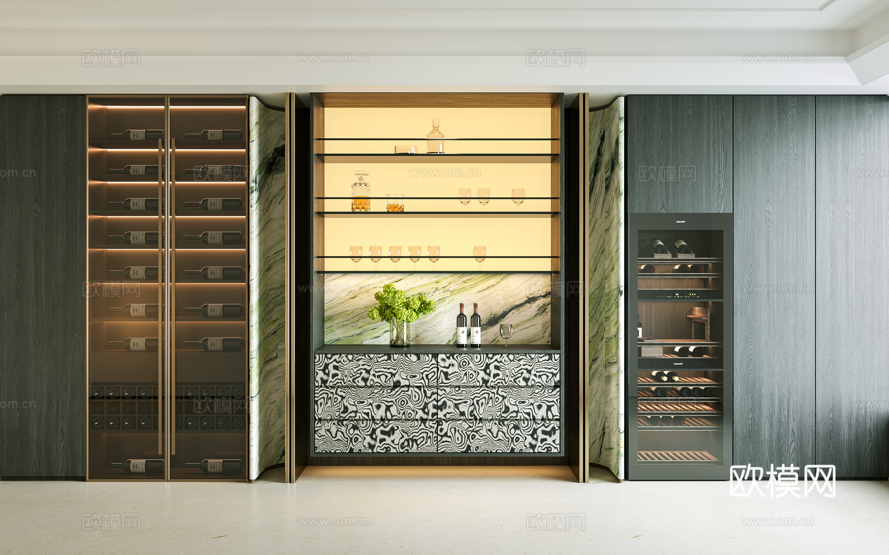 意式餐酒柜 餐边柜 红酒酒柜 餐边柜 轻奢酒柜 酒架 备餐柜su模型