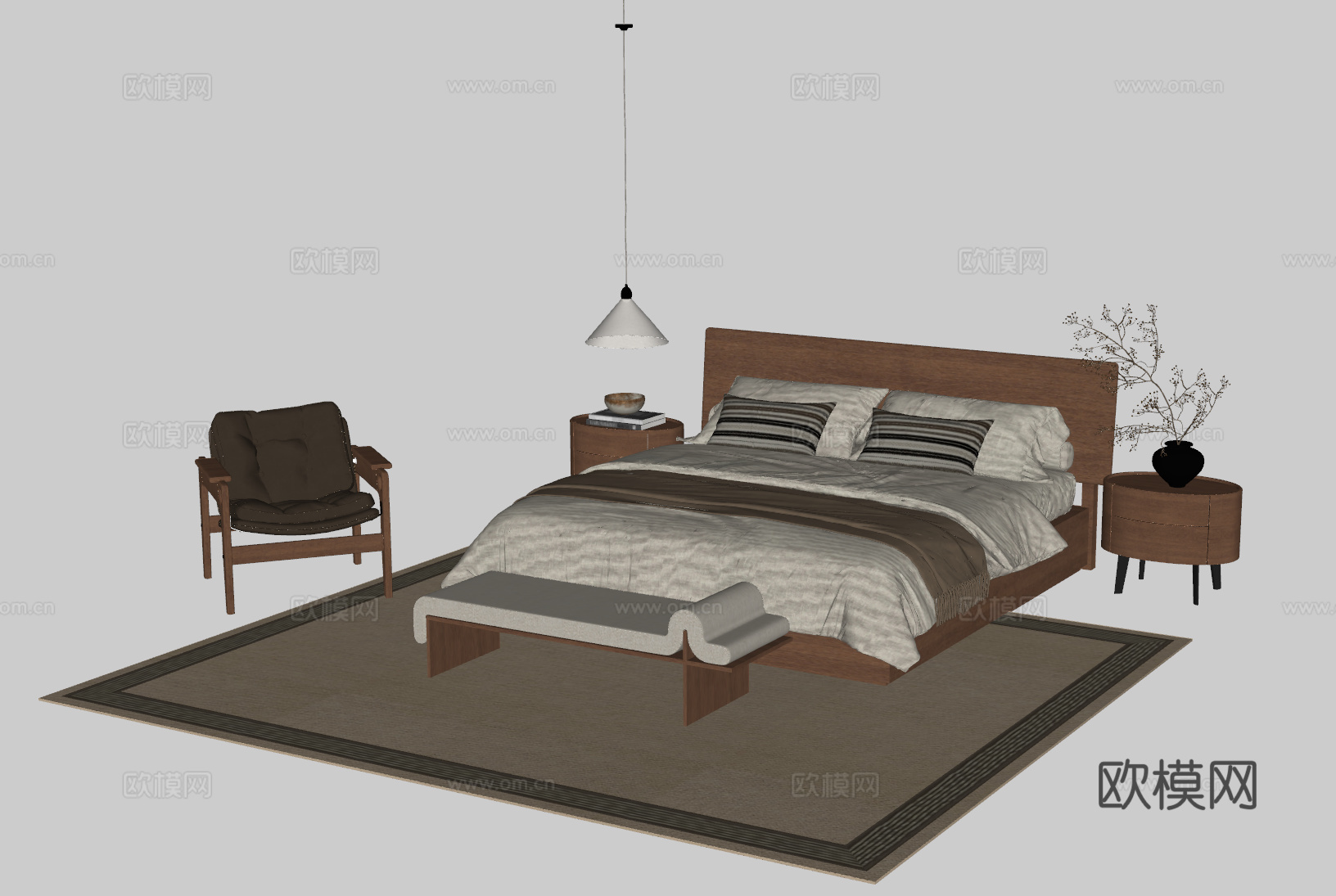 中古风双人床su模型