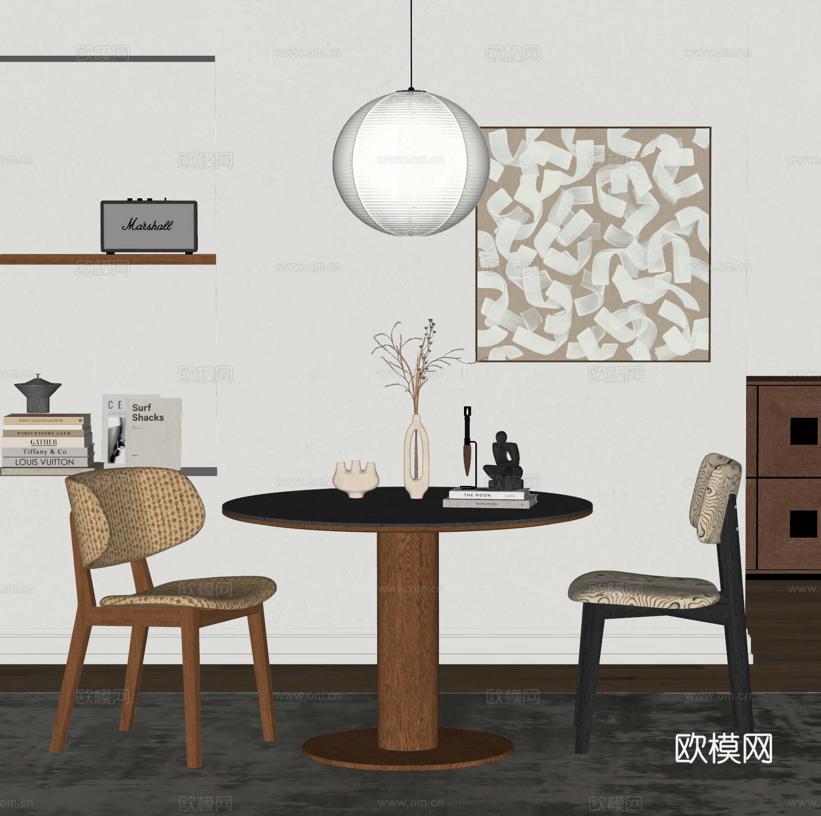 中古风餐桌椅 圆形餐桌椅 吊灯 餐椅 挂画 地毯 休闲桌椅su模型