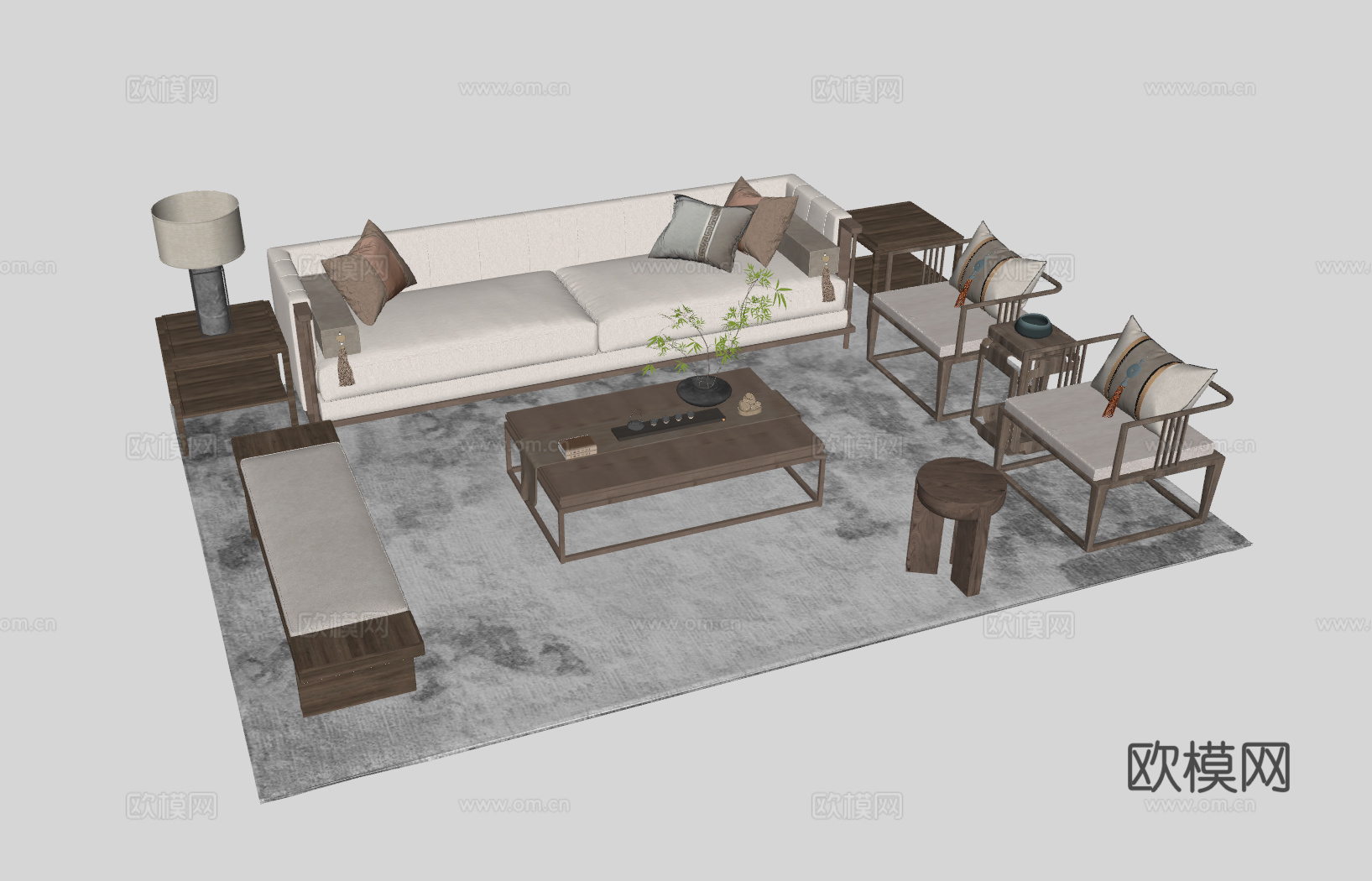 新中式客厅沙发组合su模型