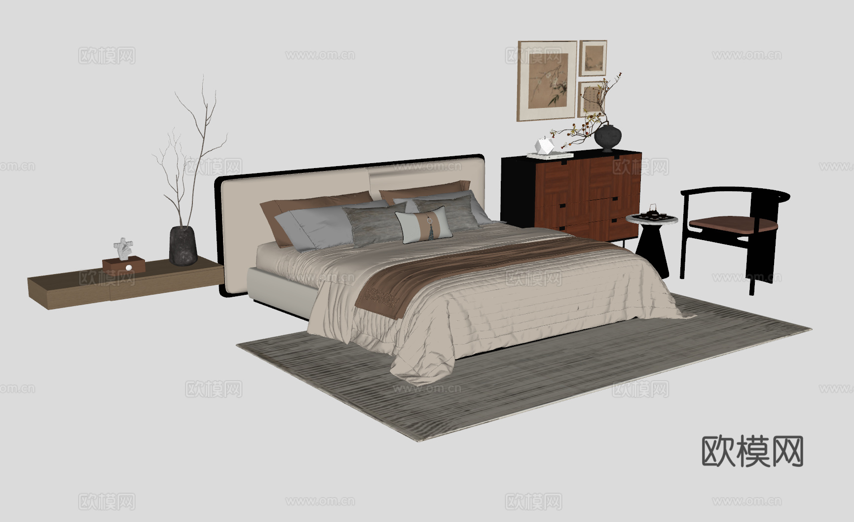 中古风双人床su模型