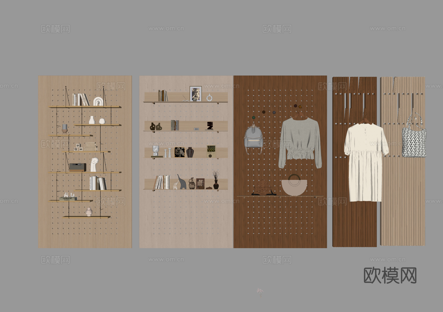 现代 洞洞板墙饰 挂衣钩 衣服 包包 书籍饰品 洞洞板书架su模型