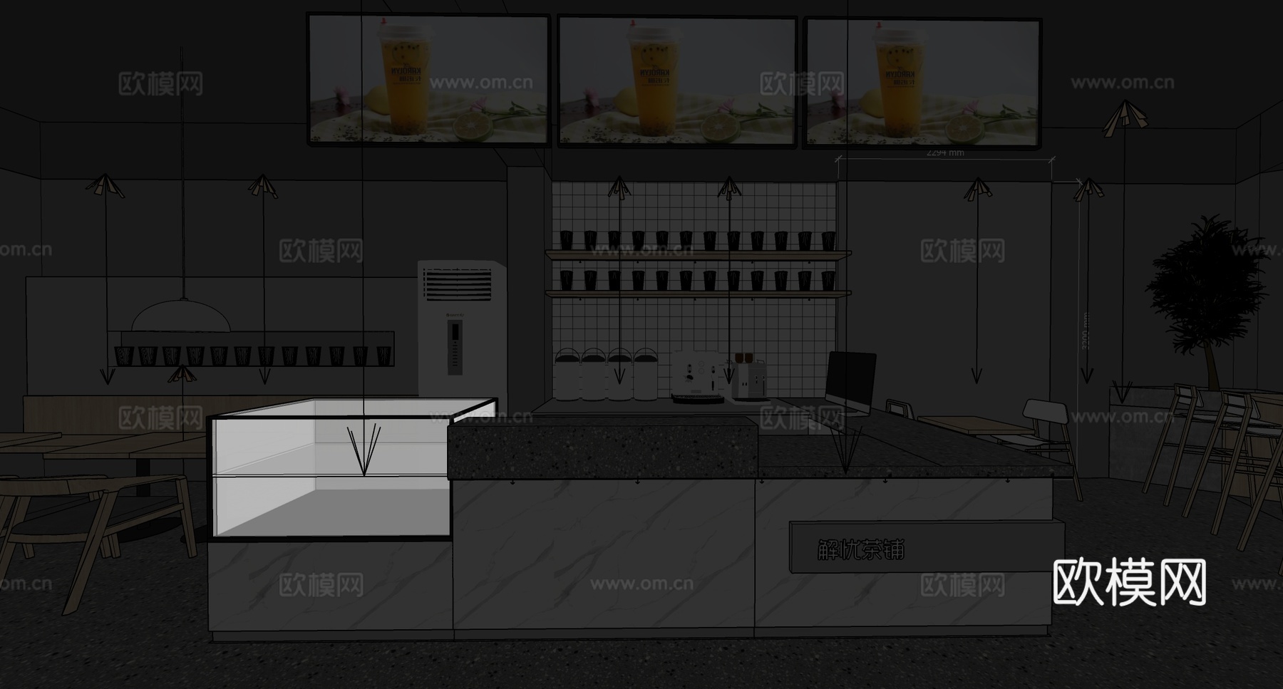 现代咖啡厅 奶茶甜品店 餐桌椅组合 吧台水吧台su模型