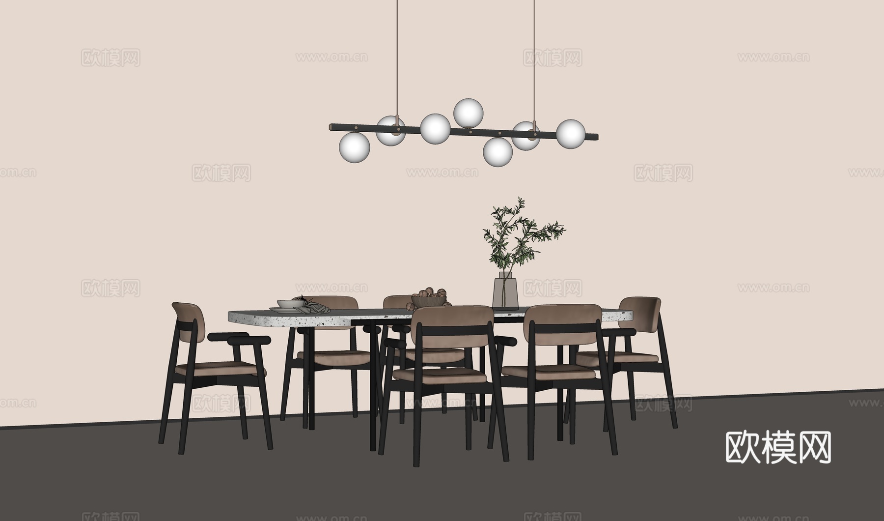 现代餐桌 大理石餐桌 休闲餐椅 实木餐椅 餐桌椅组合 吊灯su模型