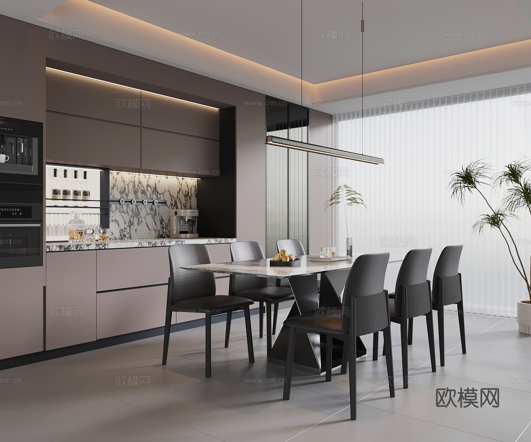现代意式餐厅 餐桌椅 意式酒柜su模型