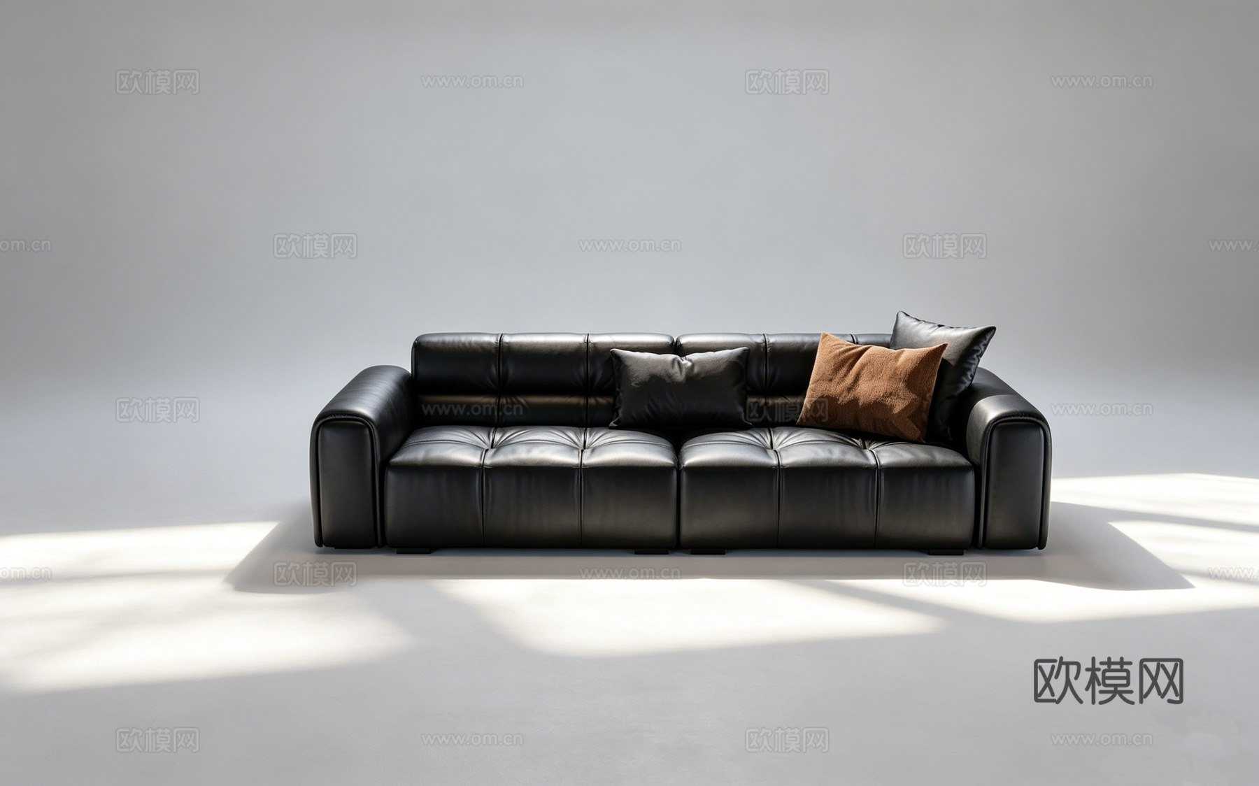 现代简约黑色皮质沙发 带方格纹理纽扣装饰 三人位 客厅家具3d模型