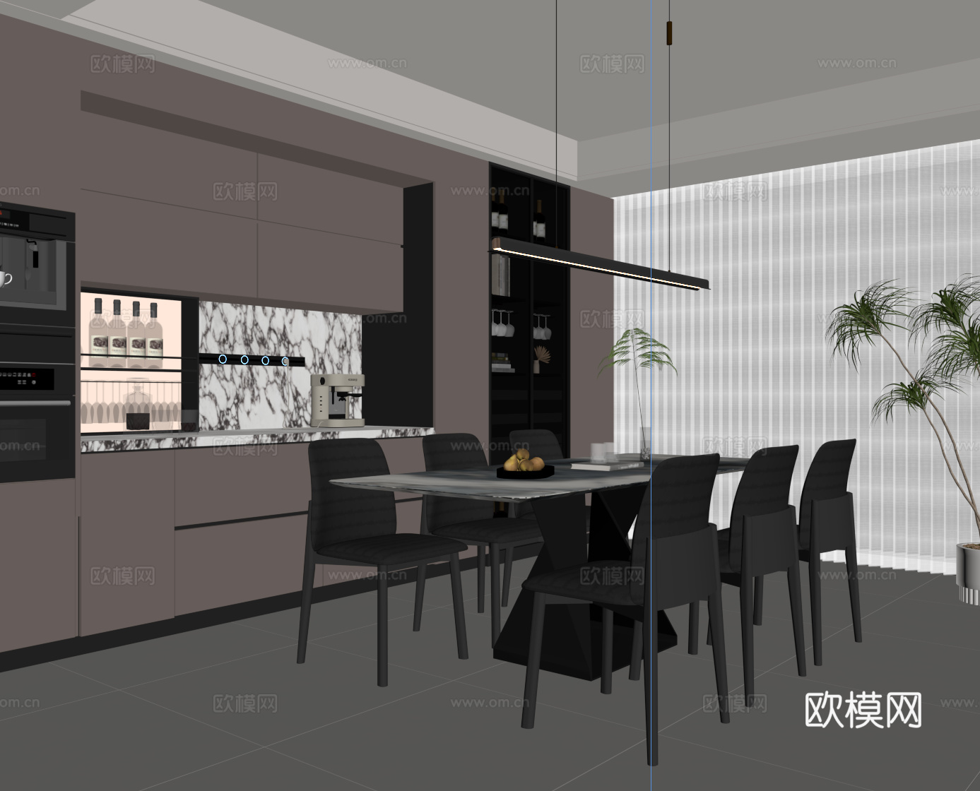 现代意式餐厅 餐桌椅 意式酒柜su模型