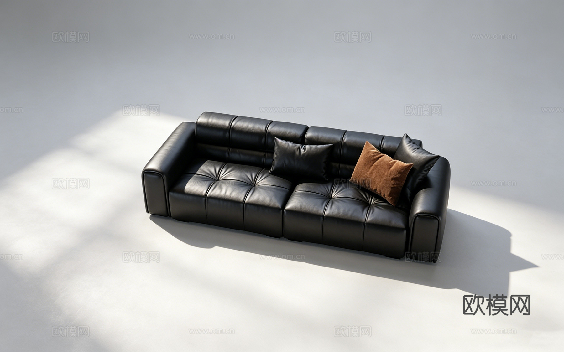 现代简约黑色皮质沙发 带方格纹理纽扣装饰 三人位 客厅家具3d模型