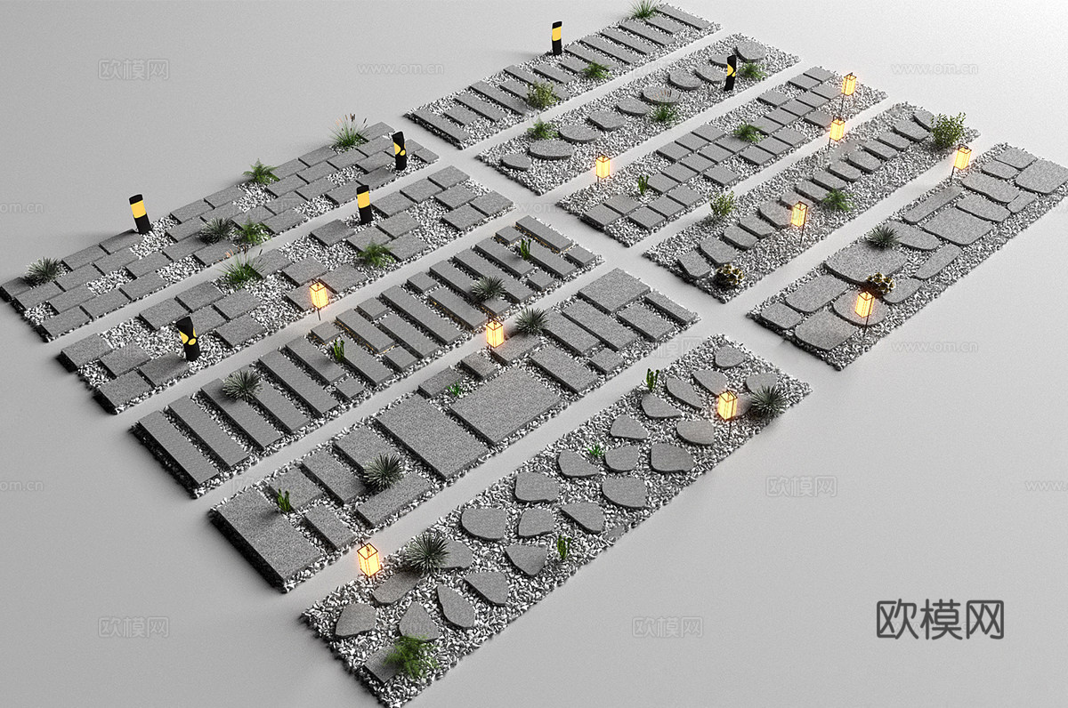 新中式现代汀步 中式园林 石板路 园林道路景观su模型