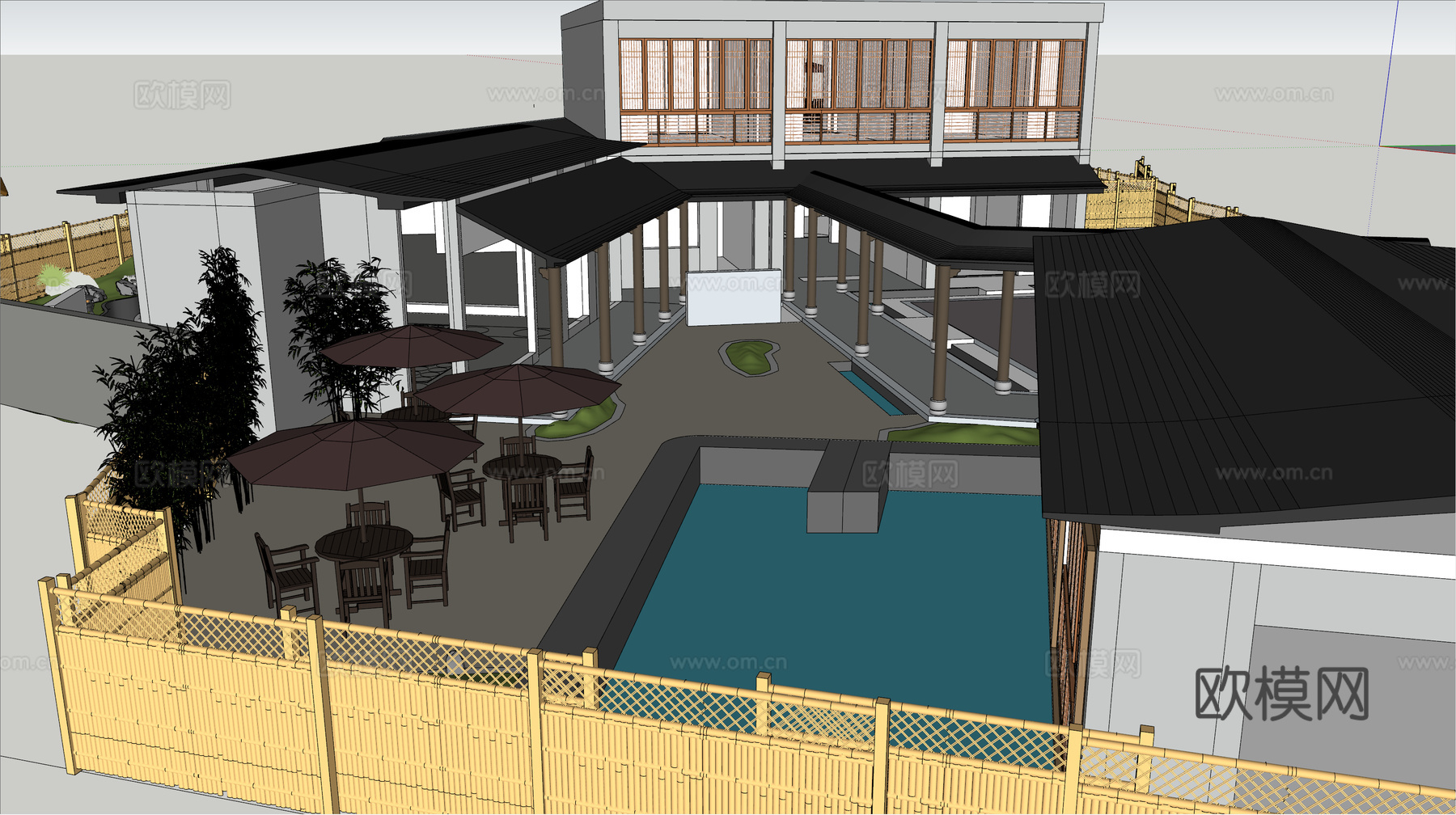 新中式民宿建筑，餐饮su模型