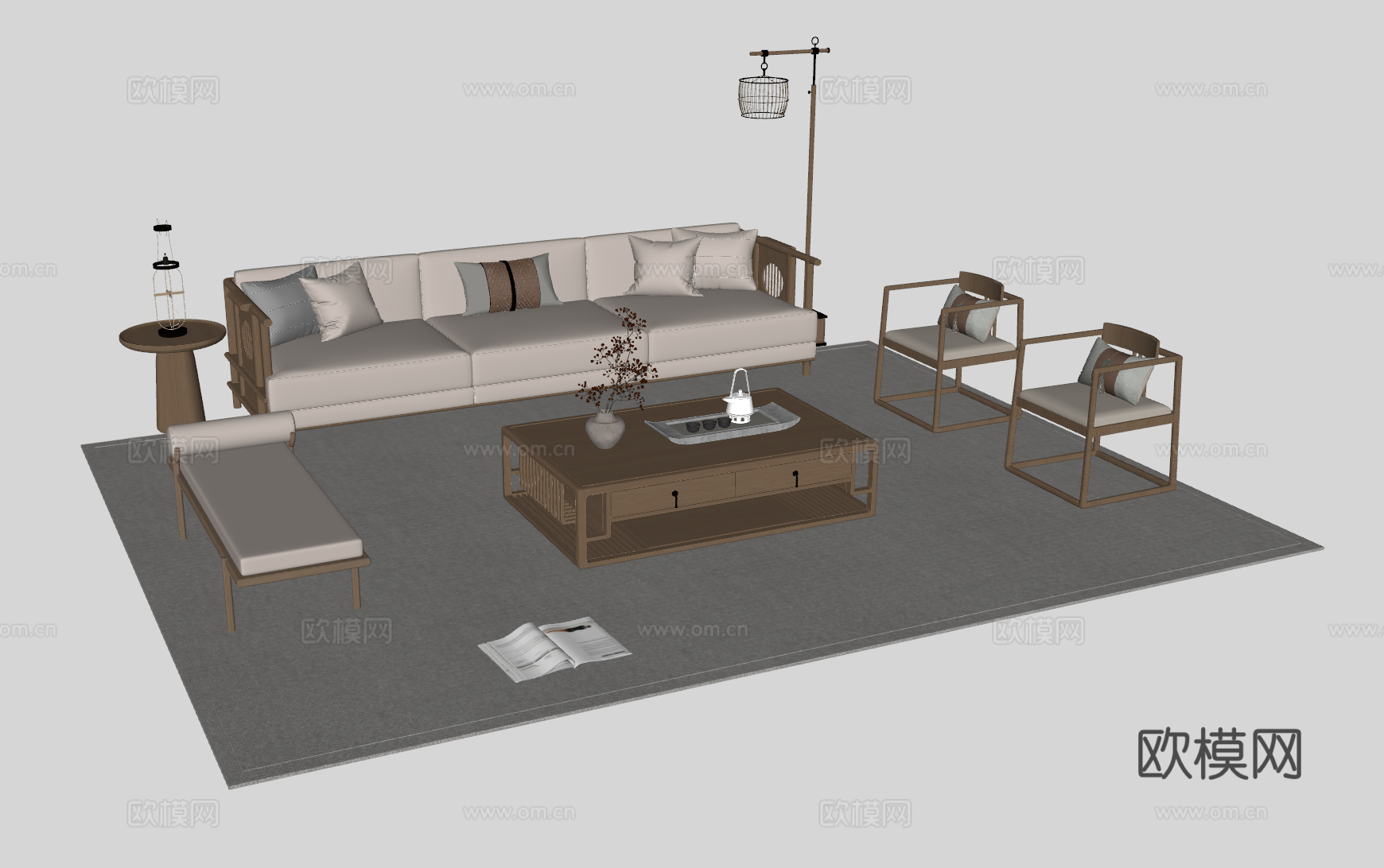 新中式客厅沙发组合su模型