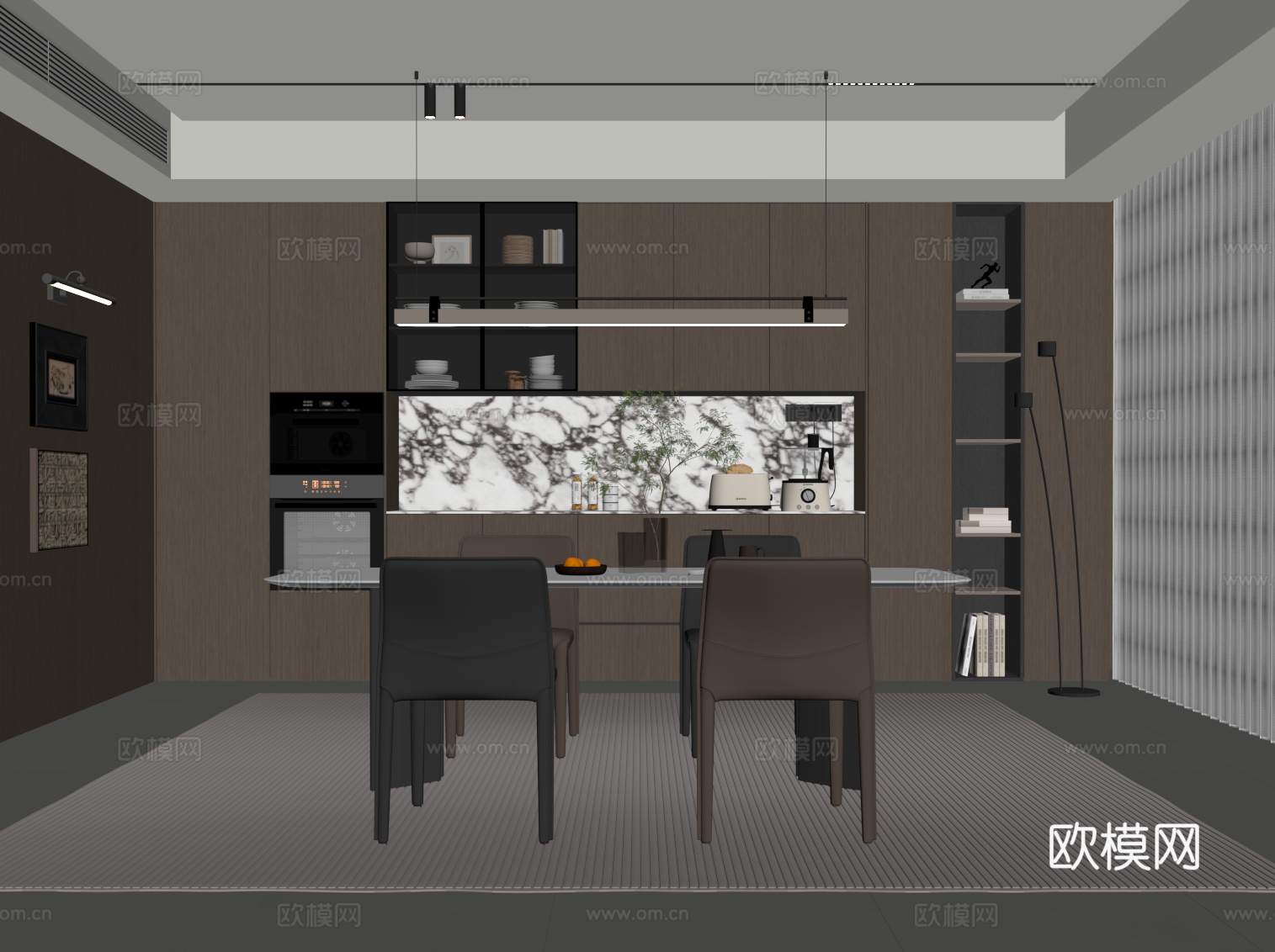 现代意式餐厅 餐桌椅 意式酒柜su模型