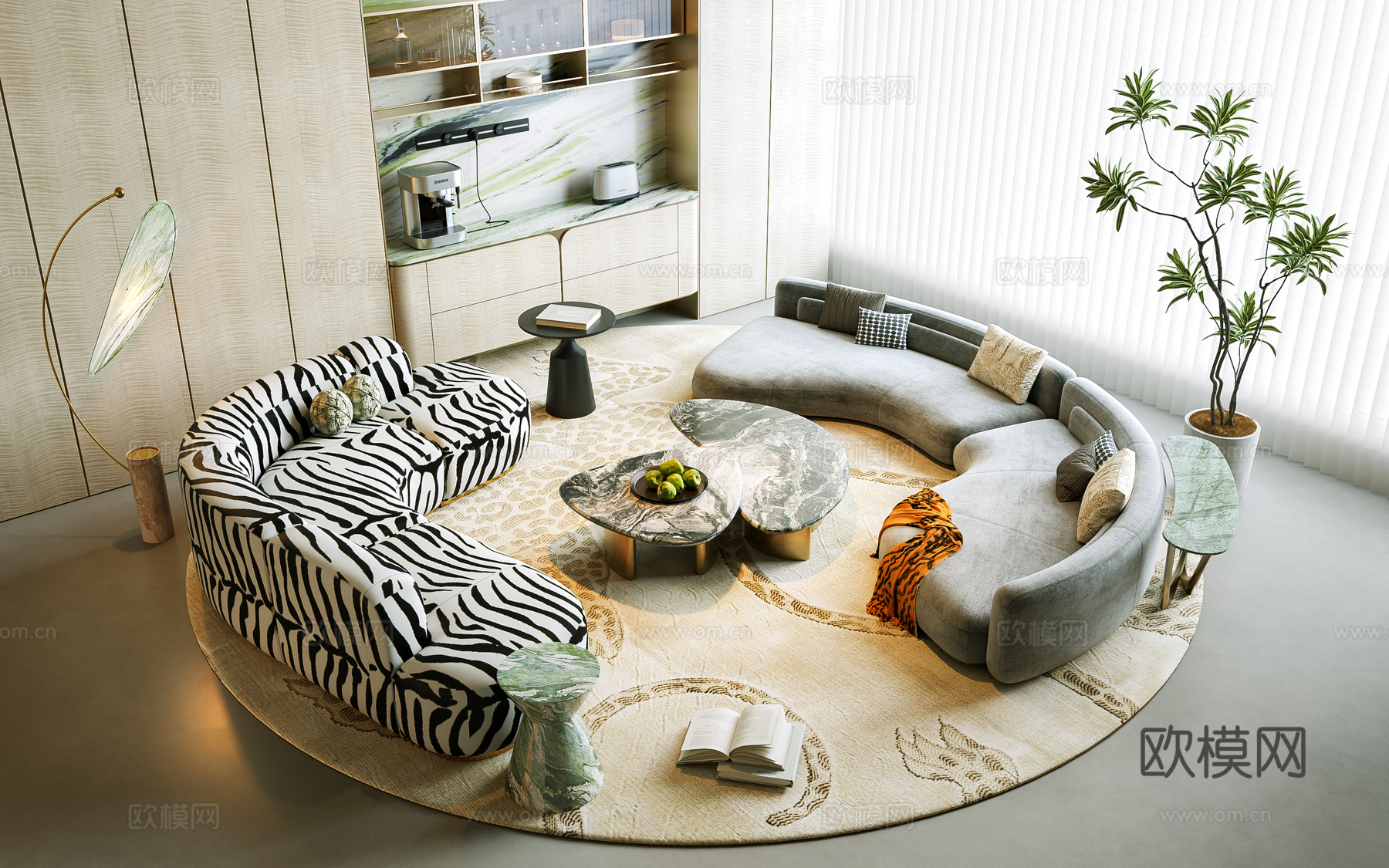 现代弧形沙发茶几组合 意式沙发茶几组合 意式客厅沙发 单椅su模型