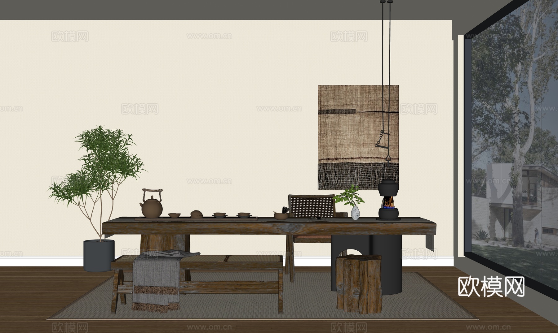 侘寂风茶室_茶桌椅组合_实木茶桌_茶具组合_挂画_茶台su模型