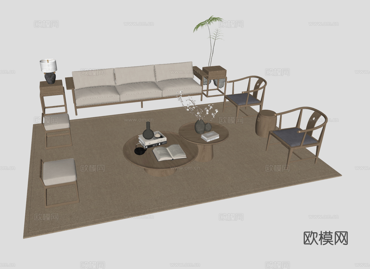 新中式客厅沙发组合su模型
