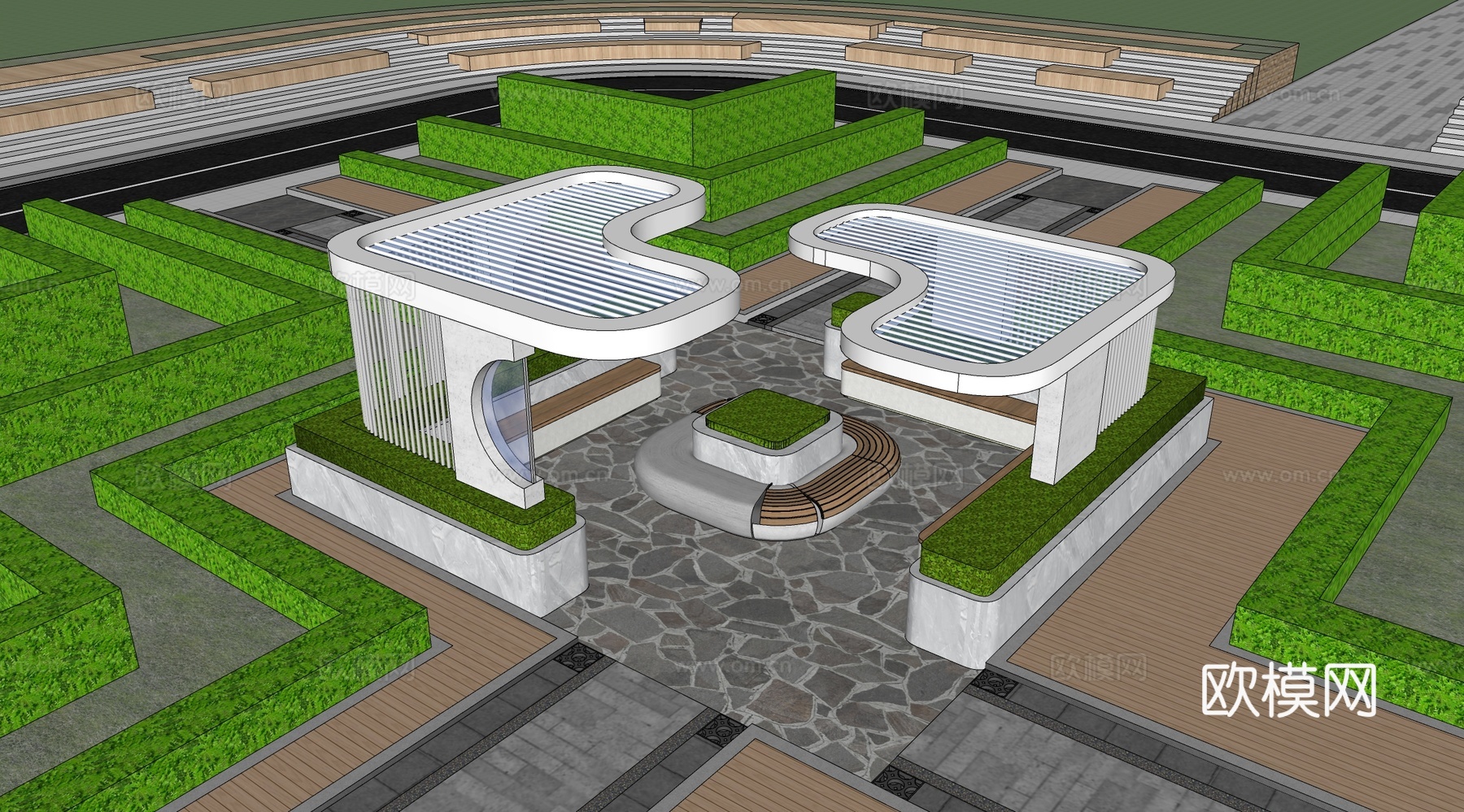 现代口袋公园 口袋公园 景观公园 小公园绿地景观 廊架景观su模型