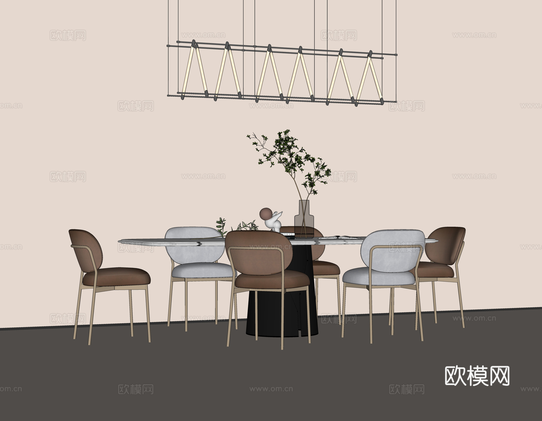 现代餐桌椅组合 大理石圆桌 休闲餐椅 现代吊灯su模型