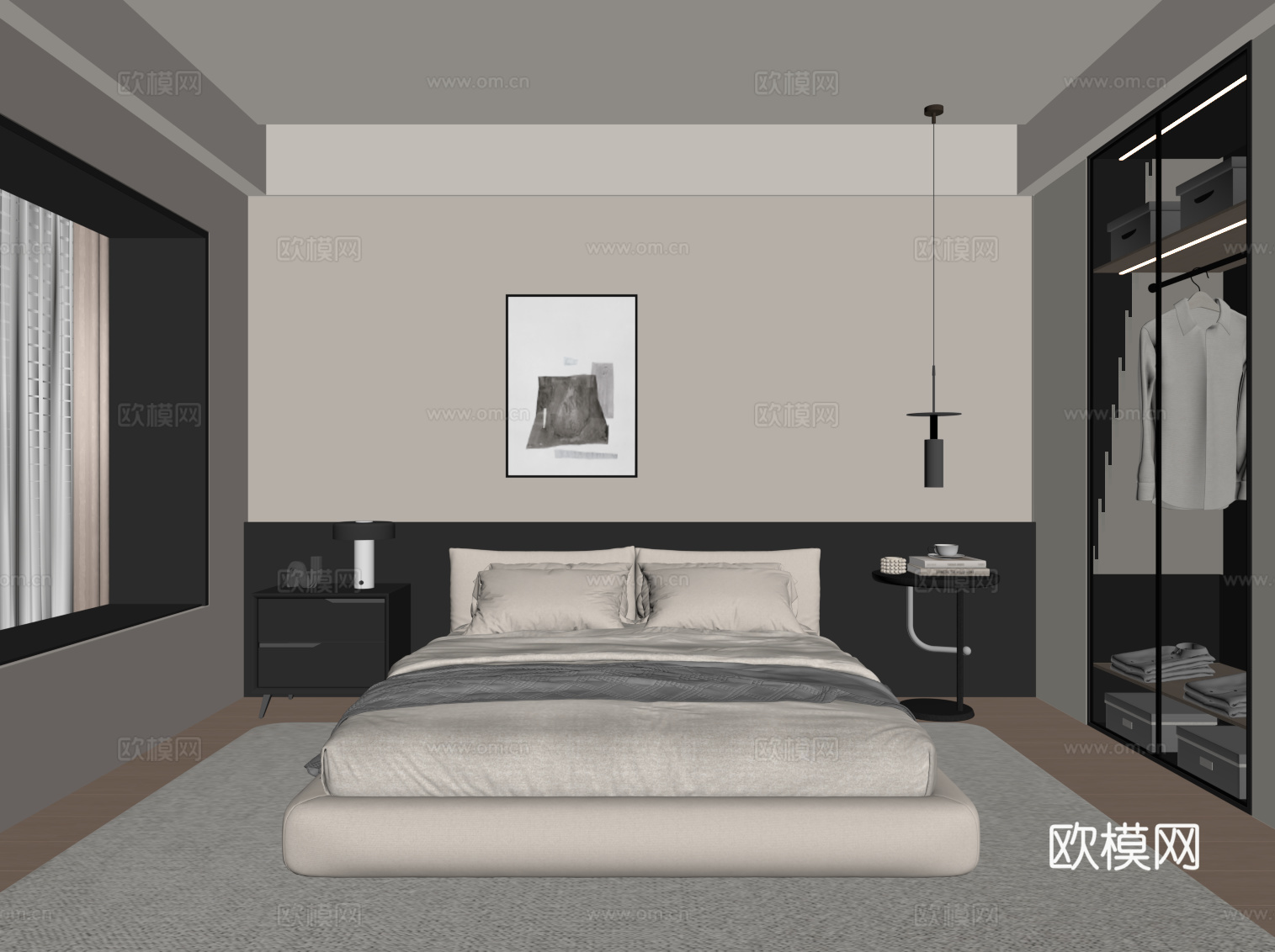 现代极简卧室 黑白灰卧室 双人床 床头柜 衣柜su模型