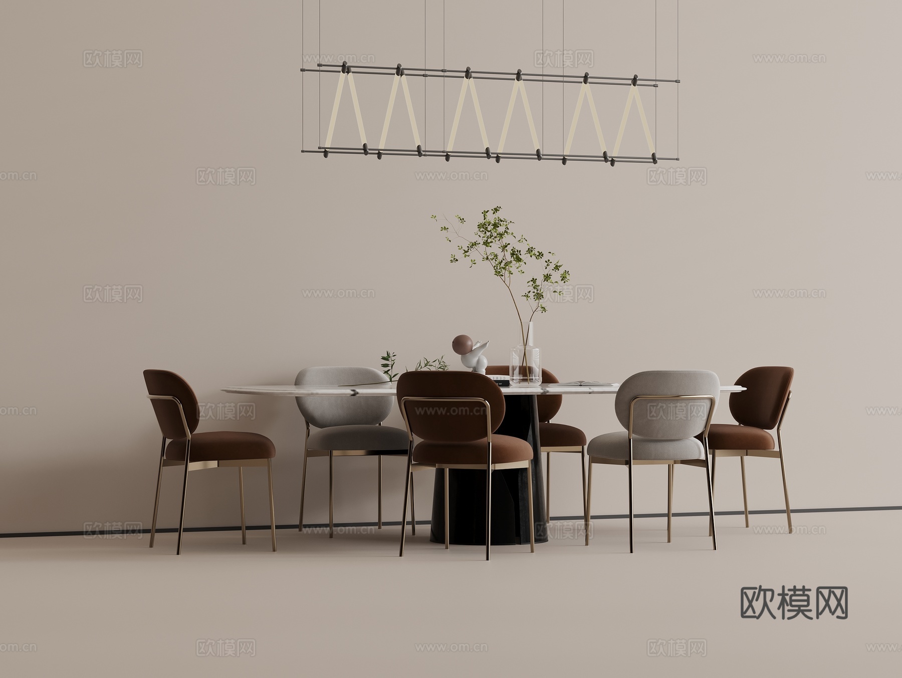 现代餐桌椅组合 大理石圆桌 休闲餐椅 现代吊灯su模型