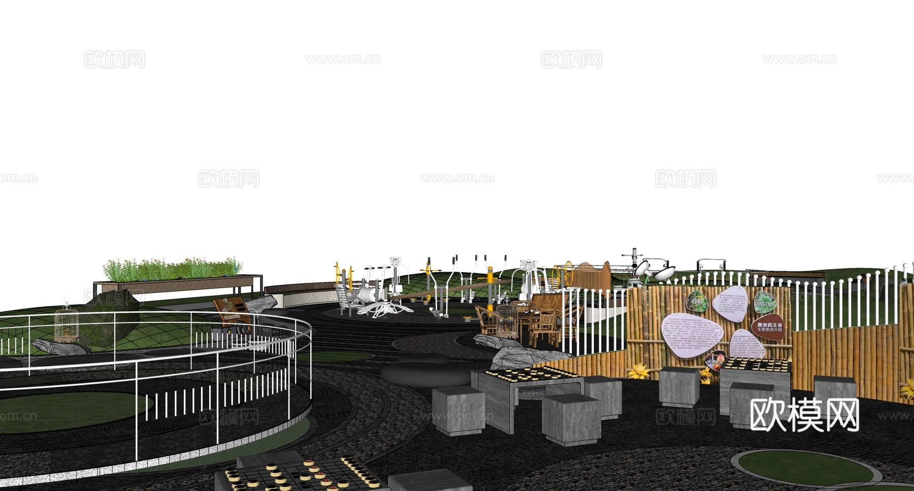 现代公园景观 康养花园 老年健身康养花园 老年健身活动中心su模型