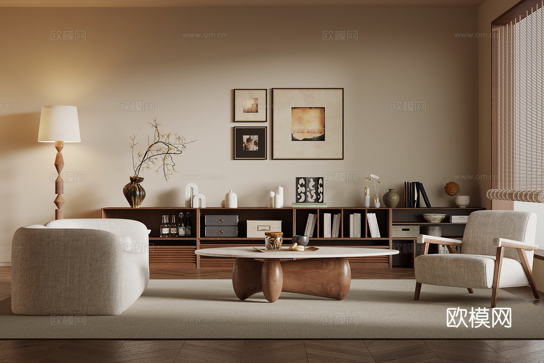 现代中古风客厅 沙发茶几组合 矮柜 书柜su模型