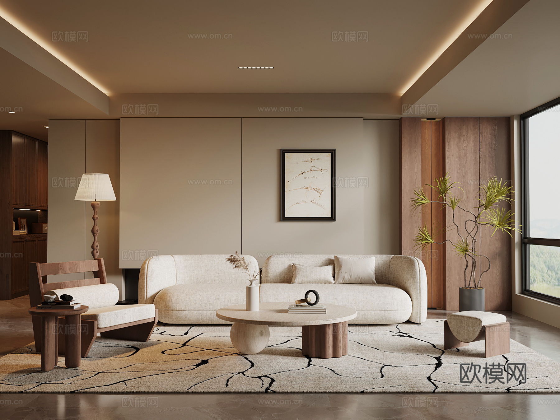 现代中古风客厅 沙发茶几组合 背景墙su模型