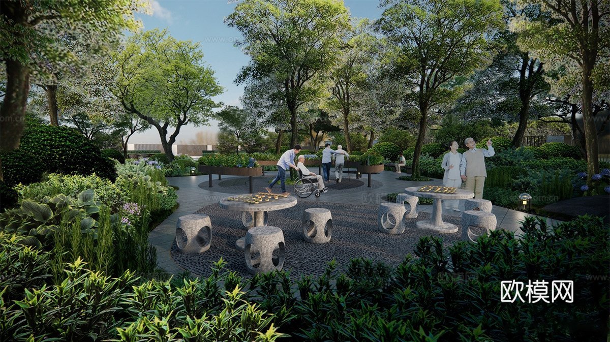 新中式老年活动公园 林下花园 老年运动区 住宅景观su模型