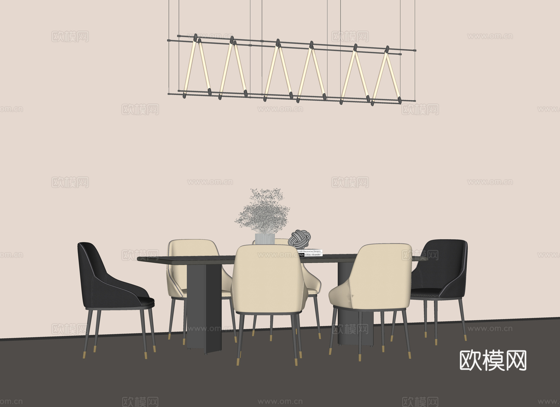 现代餐桌椅组合 现代长桌 休闲餐椅 皮质餐椅 现代吊灯su模型
