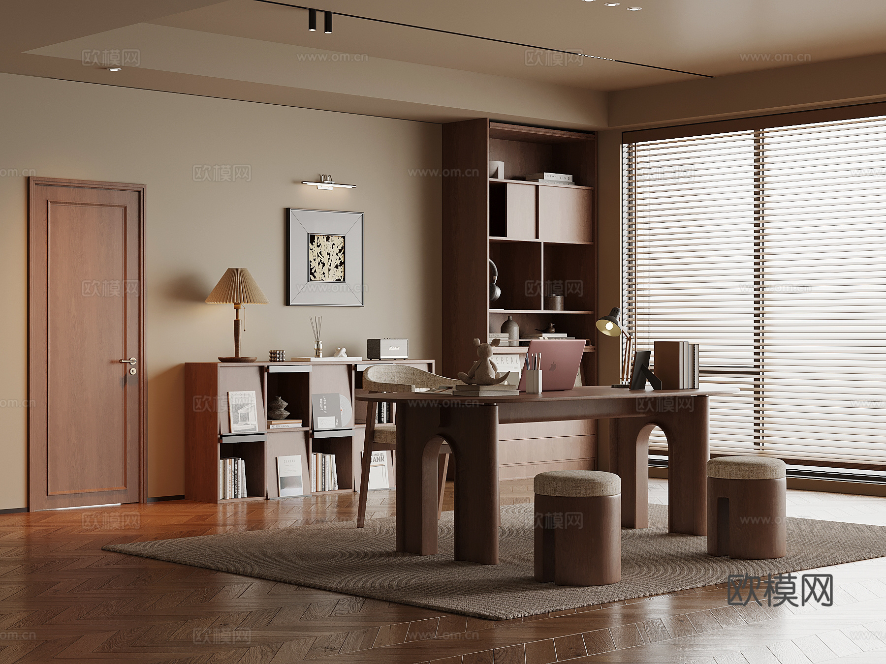 现代中古风书房 书桌椅 书柜 置物柜su模型
