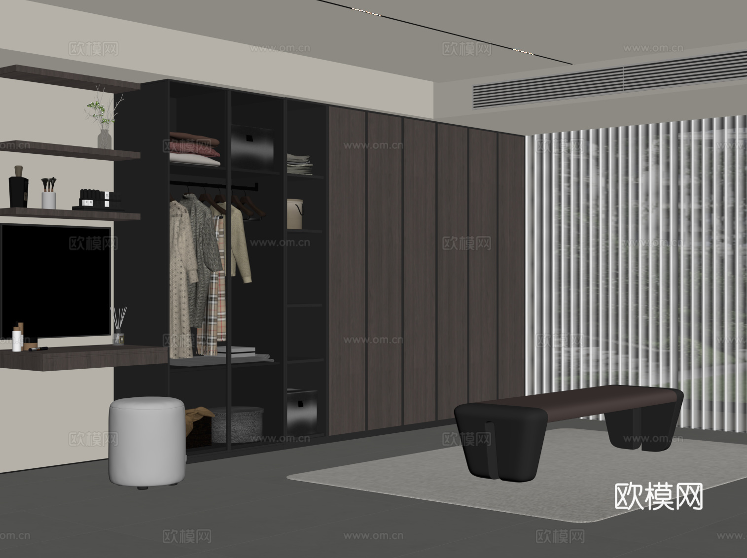 现代意式衣帽间 衣柜 梳妆台 换鞋凳su模型