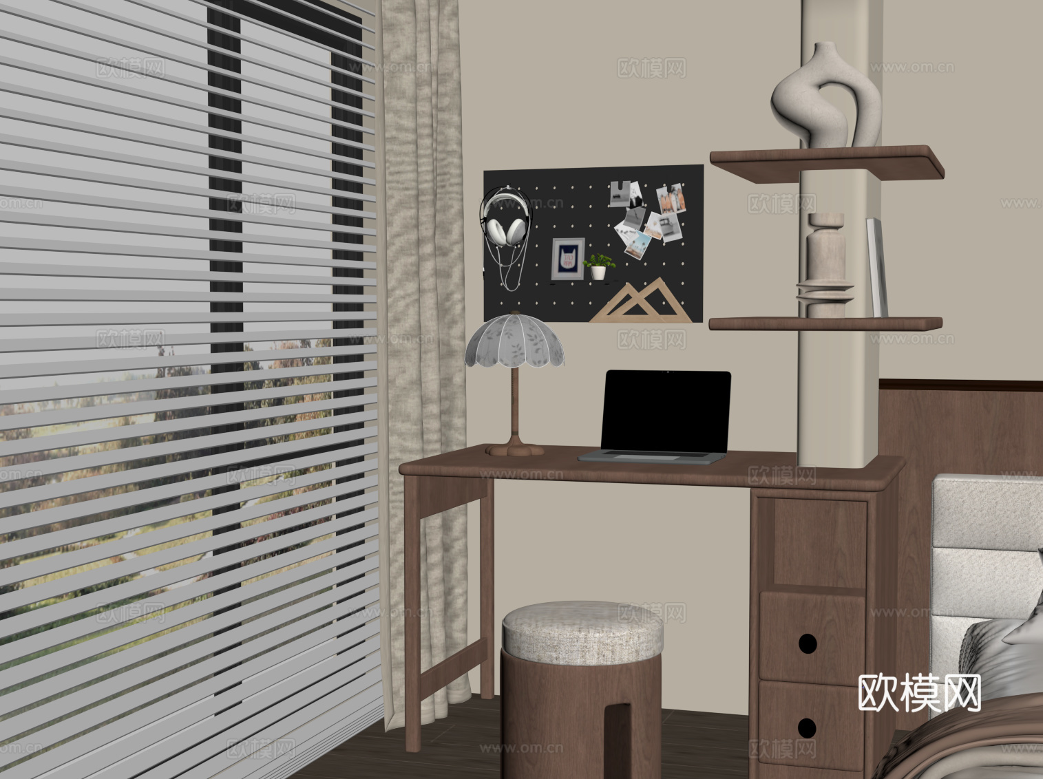 现代中古风书桌椅 洞洞板 摆件装饰su模型