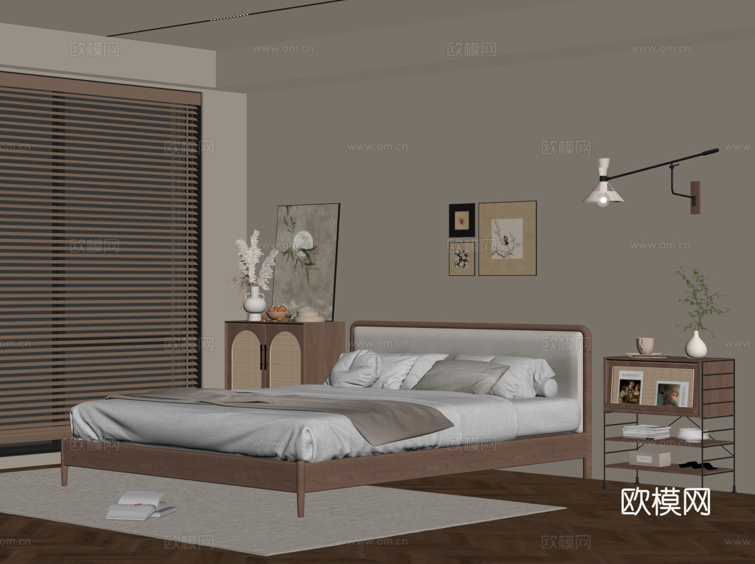 现代中古风卧室 双人床 斗柜 床头柜su模型