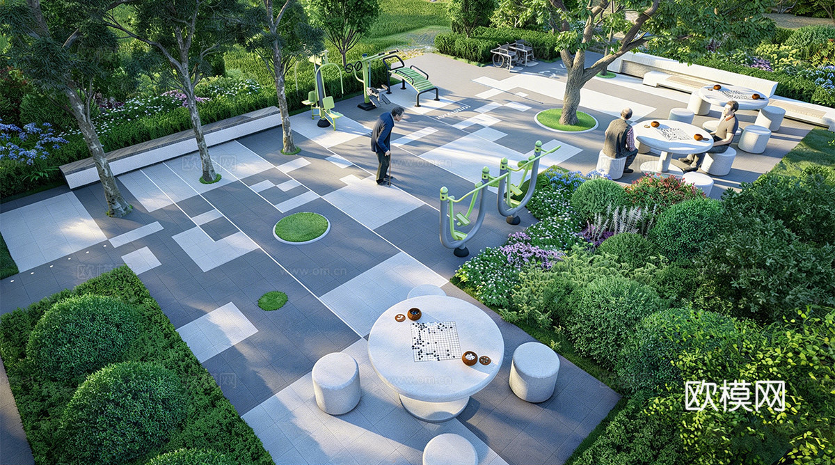 现代景观公园 老年康养 休闲座椅 棋牌区 小区住宅su模型