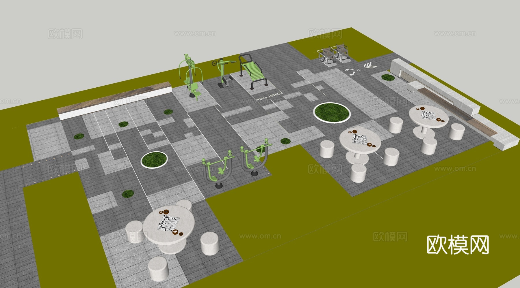 现代景观公园 老年康养 休闲座椅 棋牌区 小区住宅su模型