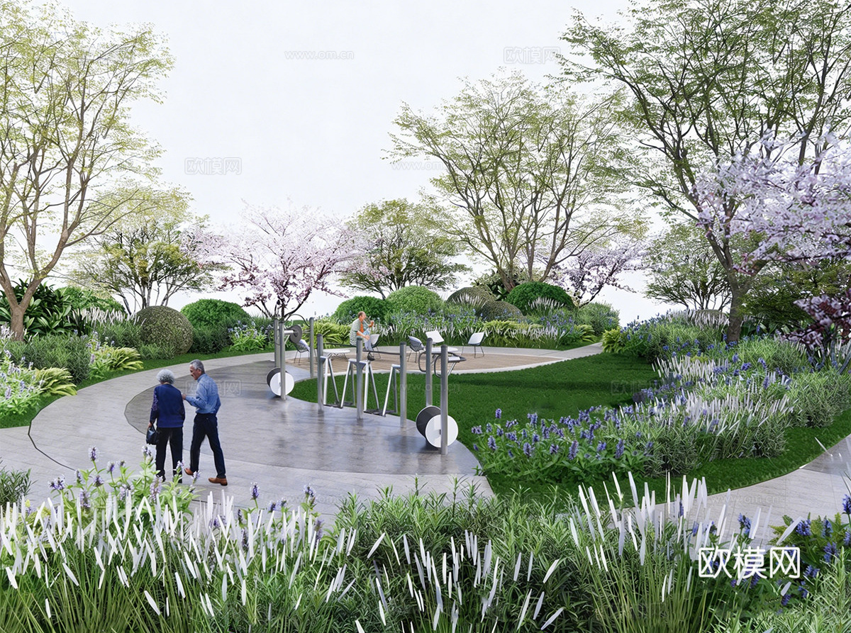 现代休憩花园公园 休憩花园 老年康养乐园 植物花境 植物组团su模型