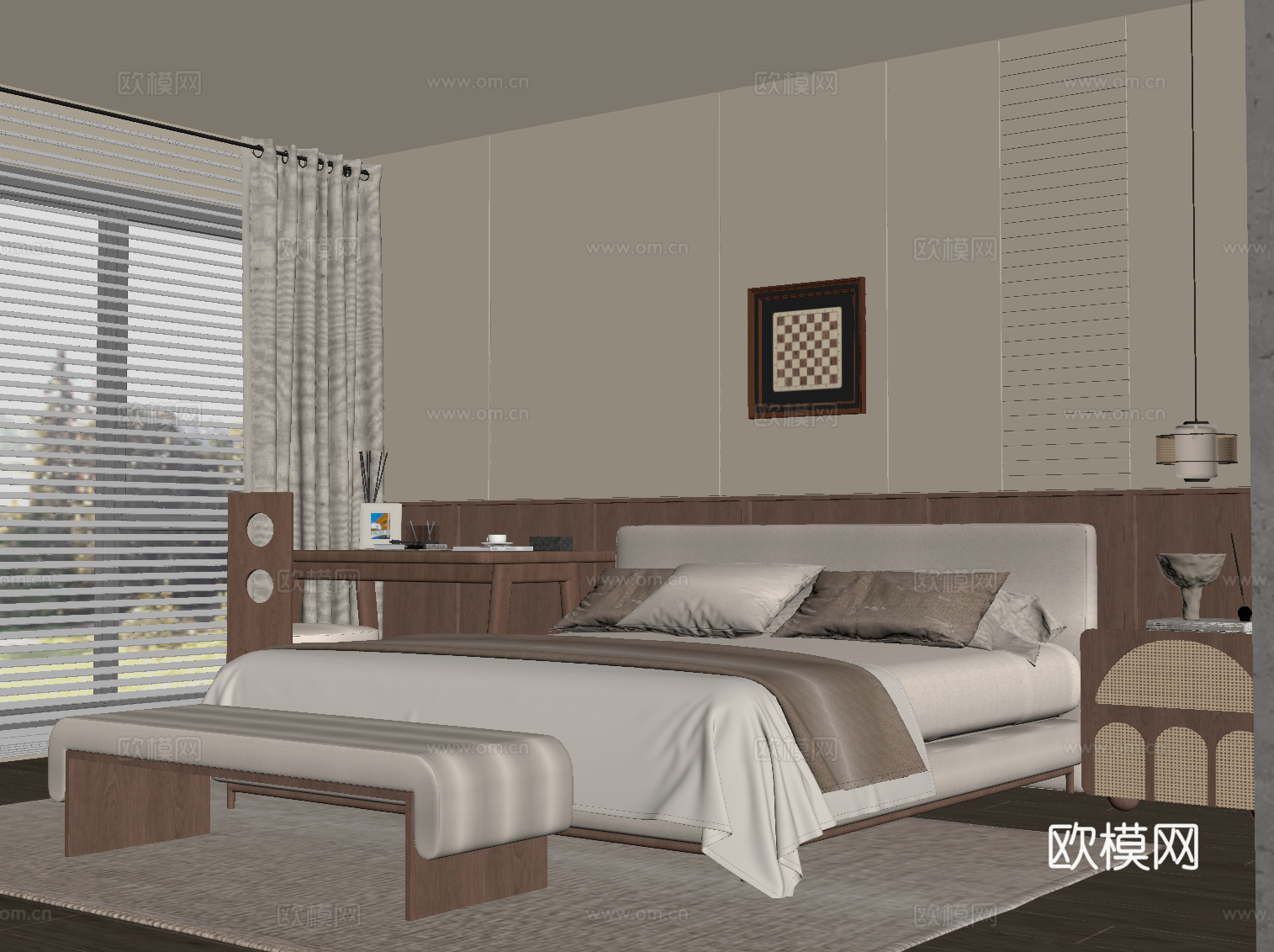 中古风卧室 双人床 书桌椅 床头柜 背景墙su模型